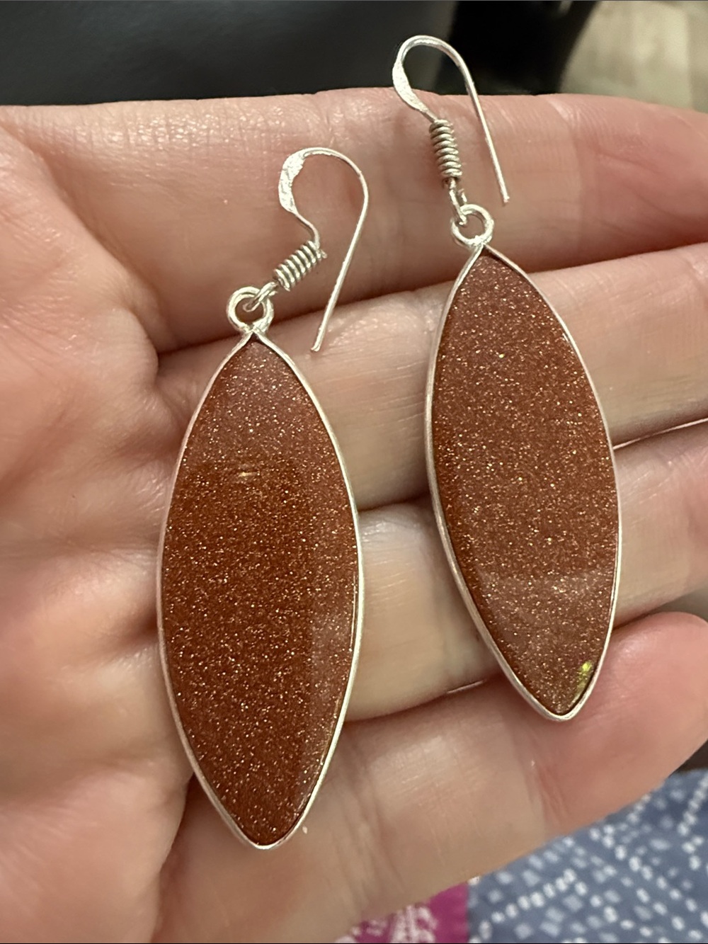 Vintage Goldstone 925 Sterling Silver Marquise Drop Earrings - Womens Jewelry